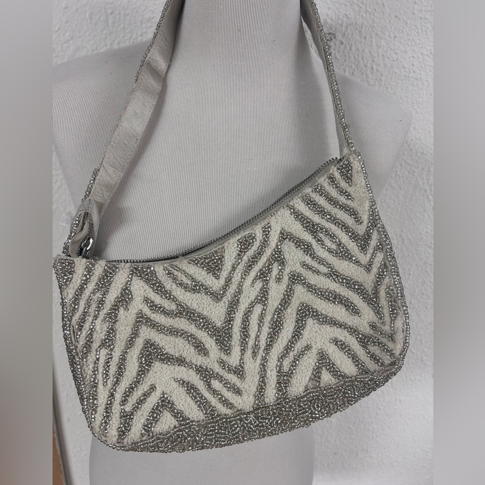 From India to You Viral Staud like Bag Beaded Zebra-Shoulder Bag Silver & Cream